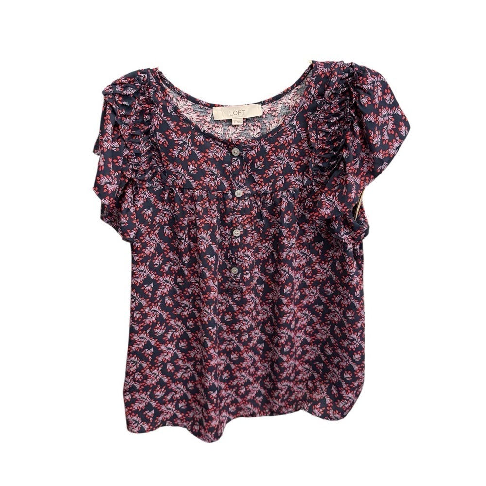 LOFT Floral Ruffle Top in Red, White, and Navy Blue America Women’s Size Small